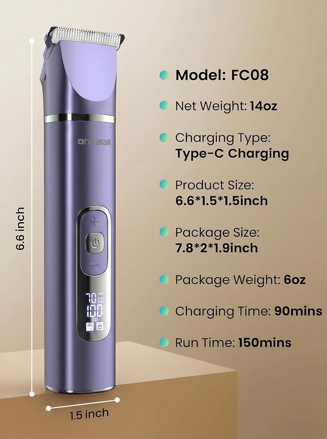 oneisall 4 in 1 Dog Grooming Kit with LCD Display, Dog Hair Trimmer for Paw Nail Grinder, Rechargeable Cordless Low Noise IPX7 Waterproof Pet Clippers Purple