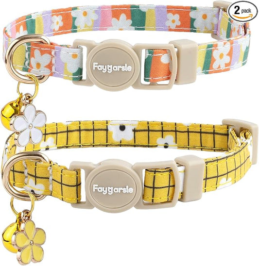 Faygarsle 2 Pack Striped Plaid Floral Pattern Cat Collars Breakaway Safety Collar with Bell Spring Summer Design for Girl Cats,Yellow Multicolor