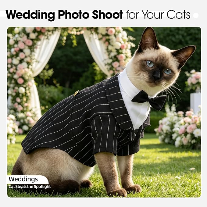 QBLEEV Cat Tuxedo Outfit with Bow Tie, Sphynx Cat Costume Formal Suit Wear | Soft breathable, stylish hairless clothes for cats only, kitten wedding birthday party shirt apparel for male boy