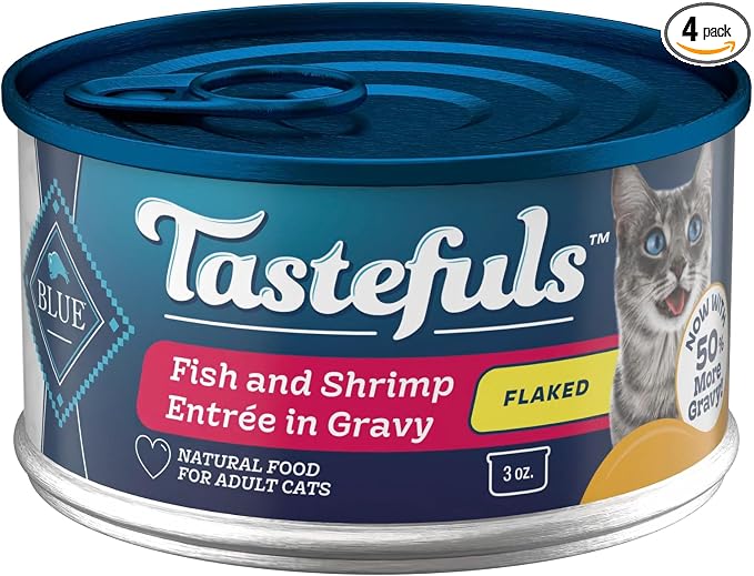 Blue Buffalo Tastefuls Natural Wet Cat Food Cans, Flaked Style, Fish and Shrimp Entrée in Gravy 3-oz Cans (Pack of 4)