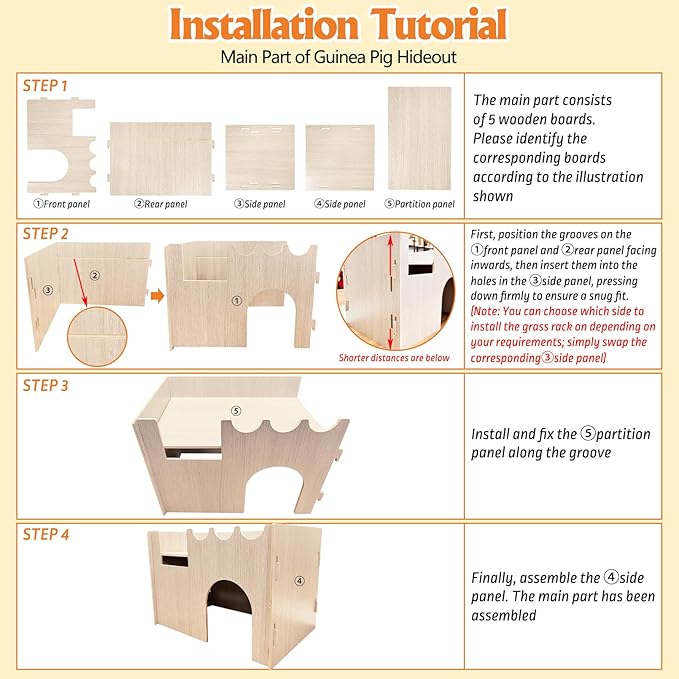 kathson Wood Guinea Pig Hideout Small Rabbit Hideout with Water and Hay Feeder Ramp, Easy to Assemble Wooden Hamster House for Small Animal Bunny Chinchilla Rat Hedgehog with 2xGuinea Pig Cage Liners