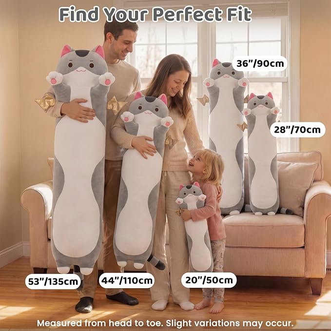 Mewaii Long Cat Plush 5 Sizes, 120% Extra Filling Giant Plushness Kids Body Pillow, Kawaii Cute Grey Cat Stuffed Animals Plushies, Big Long Body Pillow Plush Gift for Girls 28”