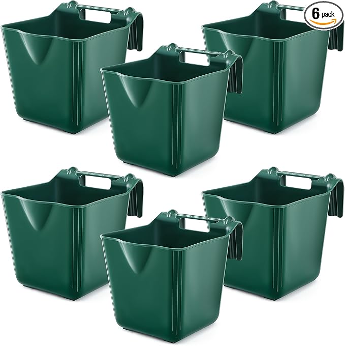 Marsui 6 Pcs 15 Quart Horse Feeders for Stall Hook Over Hanging Fence Hay Feeder Mountable Livestock Plastic Feed Bucket for Farm Stalls Pasture, Stable to Feed Horses Sheep Cattle Cows Etc (Green)