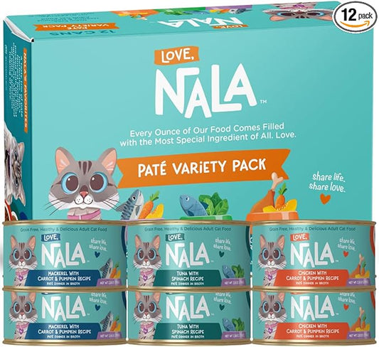LOVE, NALA - Natural Adult Cat Wet Food - Pate Variety Pack - Tuna, Chicken, Mackerel - Grain Free, Non-GMO, Fiber Blend, Minerals, Vitamins - 12 Pack 2.1 lbs.