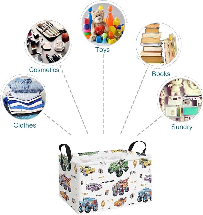 Rectangular Monster Truck Basket Storage Bins,Nursery Hamper Canvas Laundry Basket Foldable with Waterproof PE Coating for Kids, Office, Bedroom, Clothes,Toys(Rec-Monster Truck