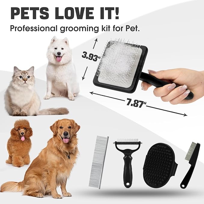 Bonteck Dog Slicker Brush for Dogs Grooming Kit 5PCS | Large Dog Brush for Goldendoodles Poodles Doodles | Long Pin Haired Brush | Poodle Brushes and Comb (Black)