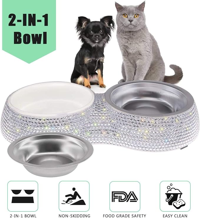 SAVORI Small Dog Bowls, Handmade Bling Rhinestones Stainless Steel Pet Bowls Double Food Water Feeder for Puppy Cats Dogs Cats (Silver-320ml)