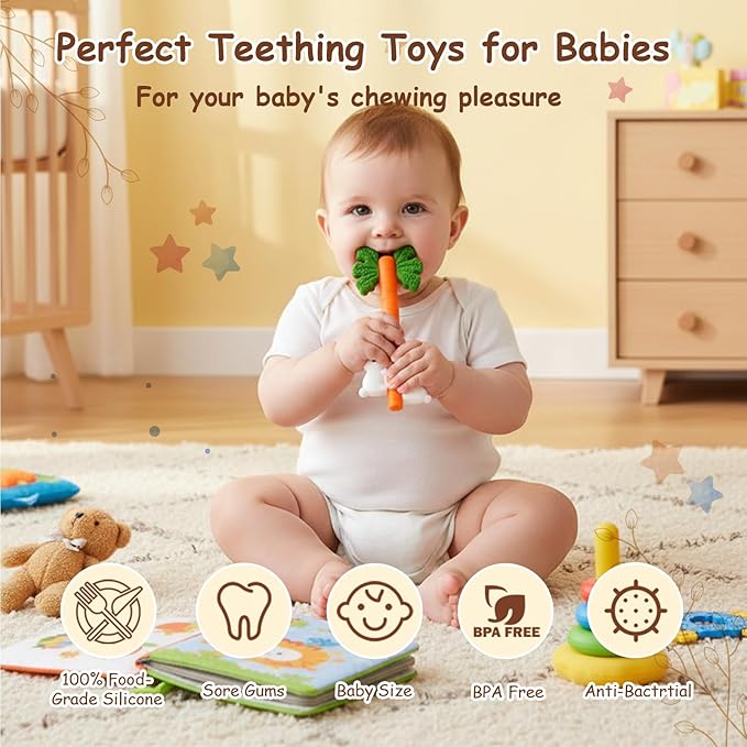 Baby Teething Toys Silicone Carrot Rabbit Hollow Teething Tubes -Sensory Chew Toys Over 3 Months - Teether Straws for Teething Relief -BPA Free Infant Toys Baby Shower Gifts Baby Essentials (1)