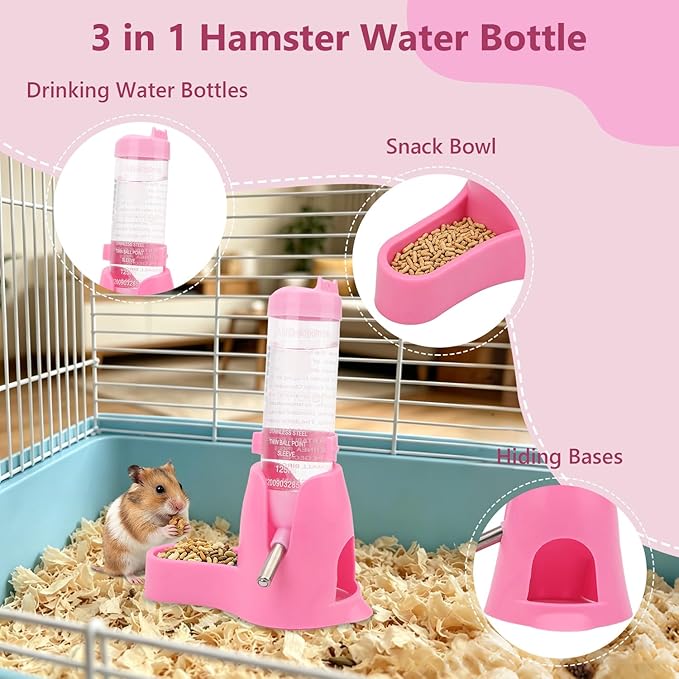 Litewoo 3 in 1 Hamster Water Bottle Small Animal Water Bottle with Food Container Base Hut Hanging Pet Automatic Feeding Drinking Dispenser for Dwarf Hamster Rats Mouse Gerbil Mice