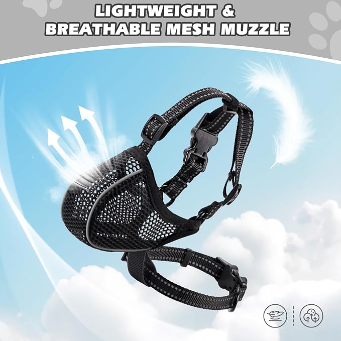 Dog Muzzle,Mesh Soft Muzzle for Small Medium Large Sized Dogs, Breathable Reflective Adjustable Puppy Muzzles with Collar for Scavenging Grooming Biting Chewing,Allows Panting and Drinking(Black S)