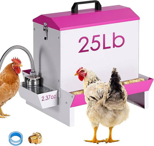 25Lb Metal Chicken Feeder and Waterer Set Automatic No Waste Galvanized Poultry Duck Feeder with Auto Water Dispenser for Outdoor Coop