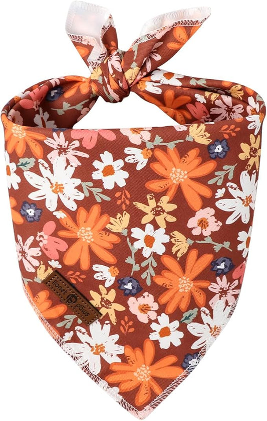 Lionet Paws Fall Dog Bandana Washable Cotton Borwn Handkerchief Scarf Triangle Floral Oxalis Bandana for Medium Large Dogs Girl Boy