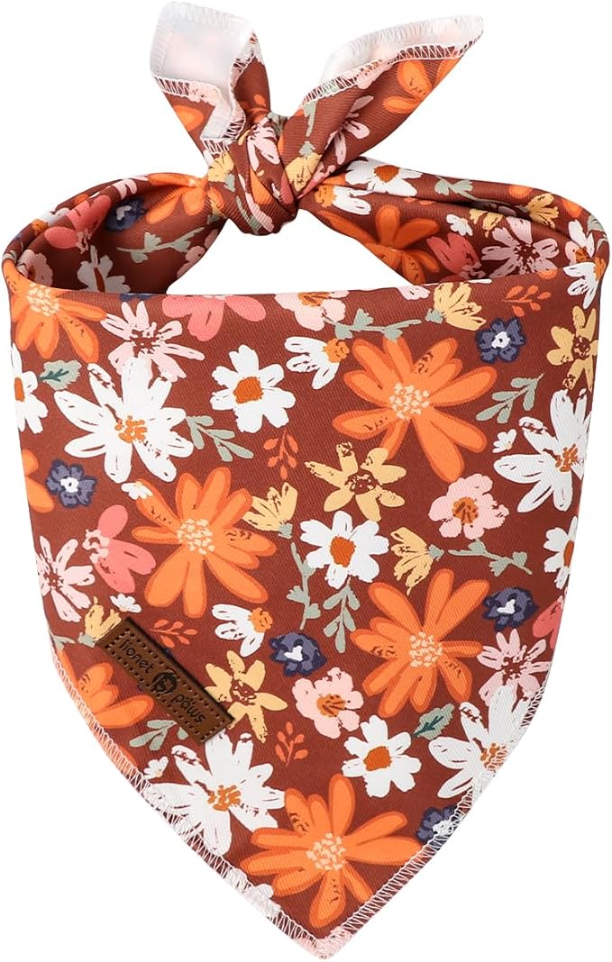 Lionet Paws Fall Dog Bandana Washable Cotton Brown Handkerchief Scarf Triangle Floral Oxalis Bandana for Small Medium Dogs Girl Boy