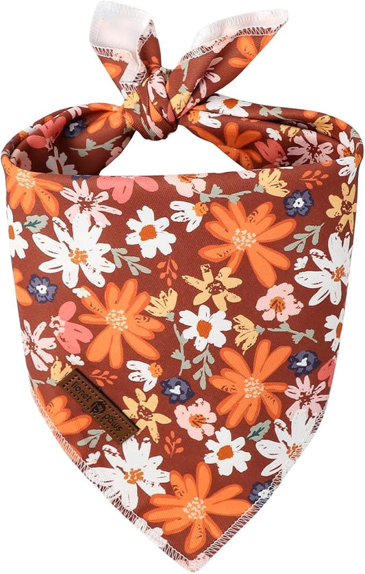 Lionet Paws Fall Dog Bandana Washable Cotton Brown Handkerchief Scarf Triangle Floral Oxalis Bandana for Small Medium Dogs Girl Boy
