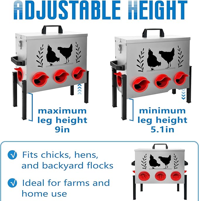 No Waste Automatic Chicken Feeder (50 LB), Rodent Resistant Metal Poultry Feeder with Locking Lid, Adjustable Stand & 8 Ports, Heavy Duty Weatherproof Feed Box for Hens, Ducks