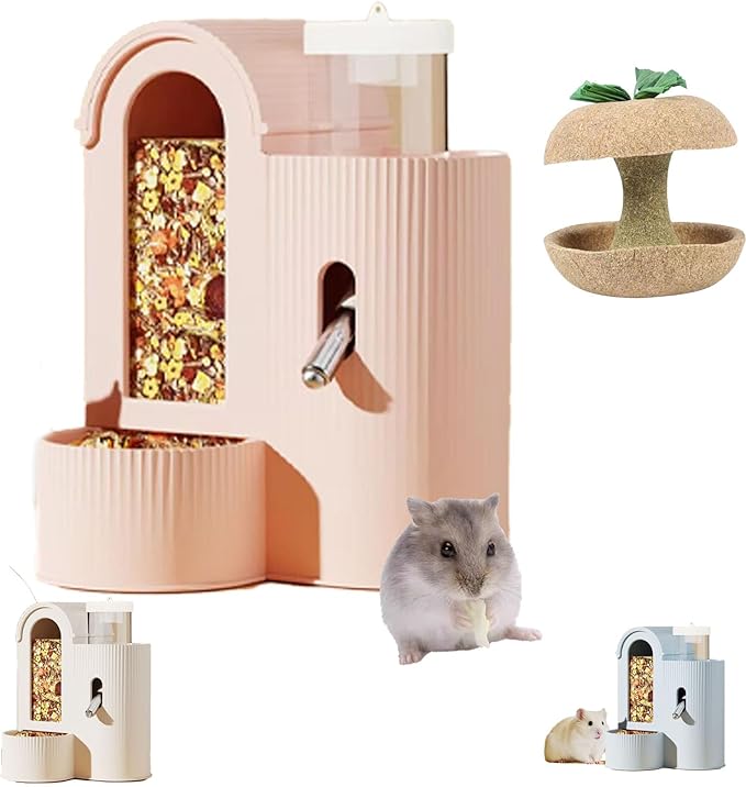 Rabbit Food Water Dispenser, Guinea Pig Water Bottle & Automatic Bunny Feeder, Cage Accessories,3 Color Feeder Dispenser for Hamster, Chinchilla, Ferret Small Animals (Pink)