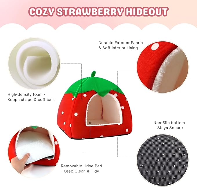 2 Pack Rabbit Hideout, Washable Bunny Bed with Removable Pee Pad, Plush Indoor Rabbit House, Adorable Strawberry Design Small Animal Hideaway for Guinea Pig, Red & Pink