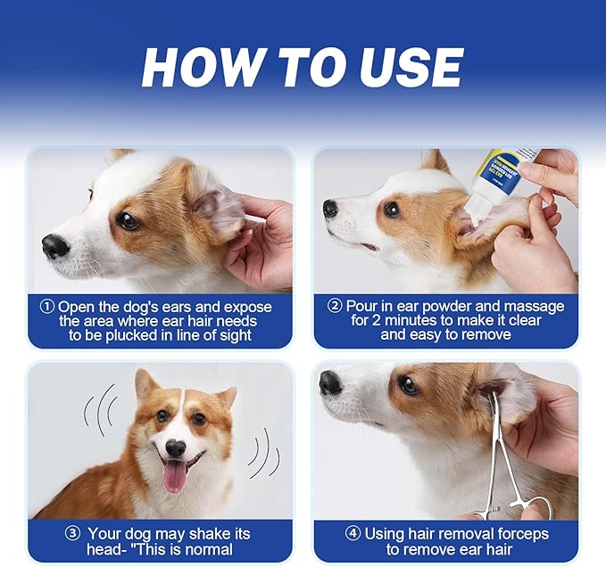 Dog Ear Powder for Hair Removal & Ear Care - Includes 5.5" Curved Locking Forceps - Absorbs Moisture, Removes Dirt - Soothes Itchy Ears for Dogs & Cats