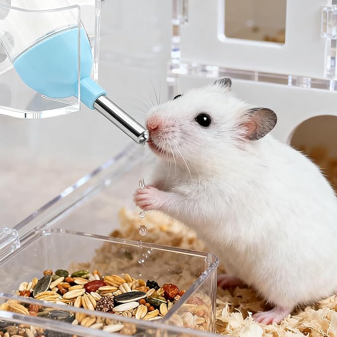 Magnetic Hamster Water Bottle Holder with Water Bottle, Adjustable Height Drop-Resistant Stand, Fits Bottles up to 2" Dia, Universal for Small Pets (Hamsters, Gerbils, Mice), Hamster Cage Accessories