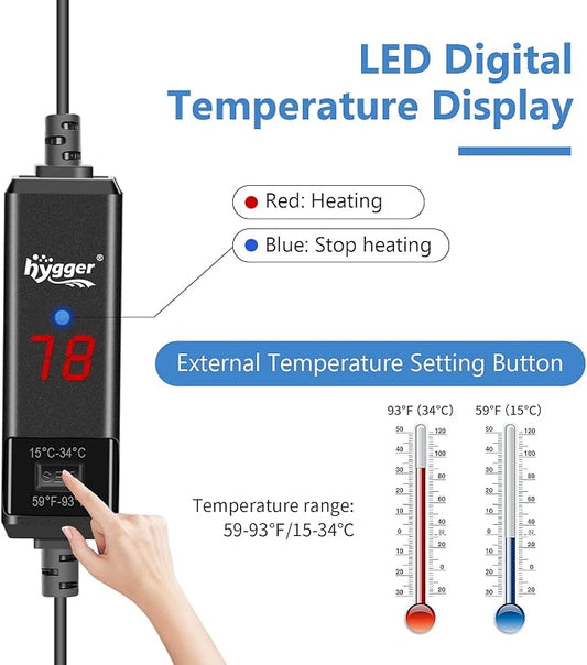hygger Small Aquarium Betta Heater, Submersible Fish Tank Heater 10W/25W/50W/100W with LED Digital Display, Suitable for Marine Saltwater and Freshwater up to 5/10/16/26 Gallon