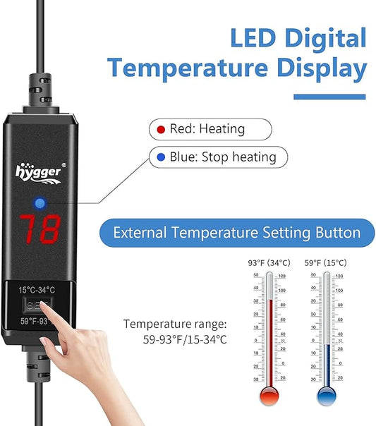 hygger Small Aquarium Betta Heater, Submersible Fish Tank Heater 10W/25W/50W/100W with LED Digital Display, Suitable for Marine Saltwater and Freshwater up to 5/10/16/26 Gallon
