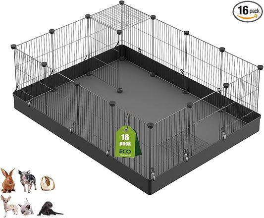 LANGXUN 16pcs Small Animal Pet Playpen with Door & Waterproof Mat, Rabbit Guinea Pig Cage, Puppy Kitten Playpen | Indoor & Outdoor Portable Metal Wire Yard Fence 13x13in