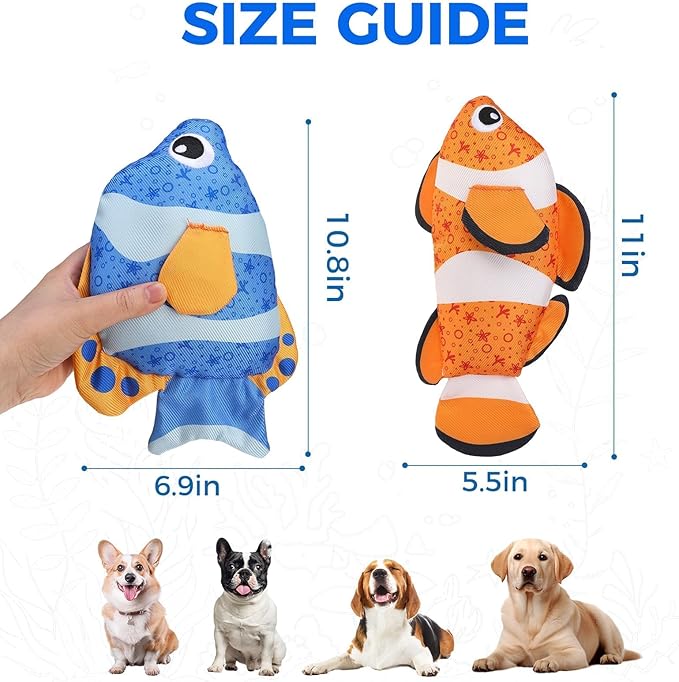 BINGPET Floating Dog Toys, 2 Pack Durable Squeaky Fish Water Toy for Pool Beach Outdoor Interactive Fetch, Oxford Fabric Summer Swimming Pool Toys for Small Medium Large Dogs