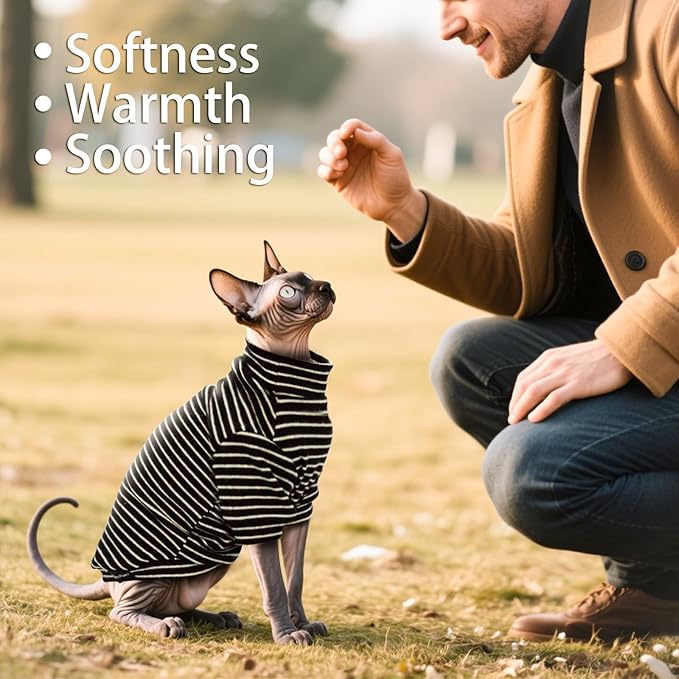 Sphynx Cat Sweater Hairless Cat Clothes Sweater Shirt Soft Warm Long Sleeves Pullover Pet Clothes Pajamas Dog Cloth for Small Dogs Jumpsuit Pet Sweaters (B&W Striped, Large)