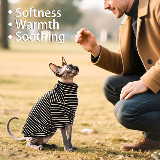Sphynx Cat Sweater Hairless Cat Clothes Sweater Shirt Soft Warm Long Sleeves Pullover Pet Clothes Pajamas Dog Cloth for Small Dogs Jumpsuit Pet Sweaters (B&W Striped, Small)