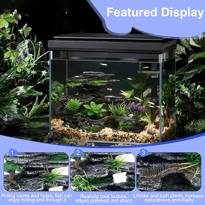 Artificial Rockery with Aquatic Plants for Aquarium Decoration - Easy-to-Clean Christmas Decoration for Betta Fish Tanks (1 Artificial Rockery, 4 Aquatic Plants)