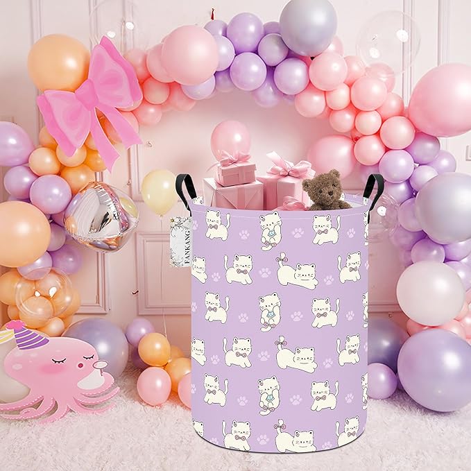 Storage Basket, Nursery Hamper Canvas Laundry Basket Foldable with Waterproof PE Coating Large Storage Baskets for Kids Boys and Girls, Office, Bedroom, Clothes,Toys(Cat)