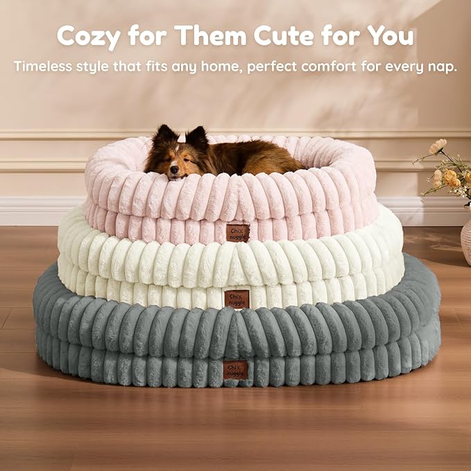 ChiXnuggle Dog Bed Large Sized Dog - Luxury Striped Faux Fur Waterproof Pet Couch with Removable Washable Cover, Orthopedic Pet Bed with Bolster Sides for Sleeping, Grey
