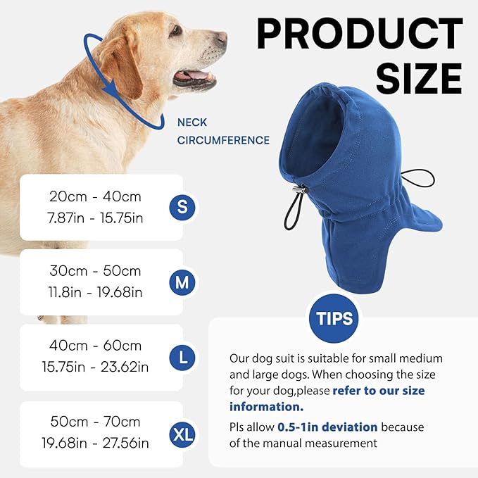 Dog Calming Hoodie - No Shake Ear Wraps for Dogs, Anxiety Relief & Noise Protection, Pet Ear Cover for Thunderstorms, Firework, Grooming, Force Drying, Blue L