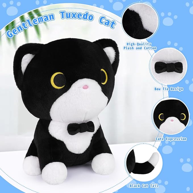 Tuxedo Cat Plush Toy, Black and White Cat Stuffed Animal with Bow Tie, Anime Plushies for Girls and Boys, Cute Soft Stuffed Cat Plushie Toys for Kids, Birthday Party