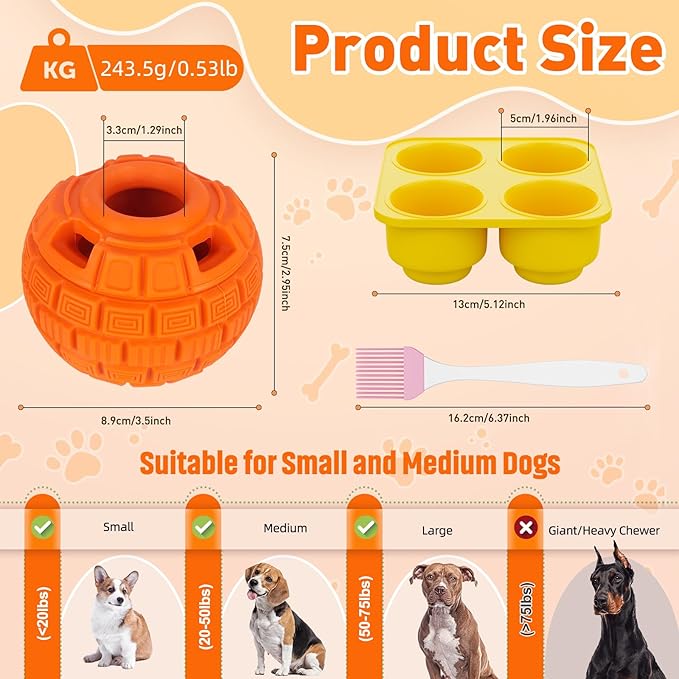 Interactive Dog Frozen Treat Toys, Dog Puzzle Enrichment Ball to Keep Them Busy, Slow Food Training, Durable Rubber Chew Dispensing Toy, Freezable Fillable Ball, for Small Medium Large Dogs (Orange)
