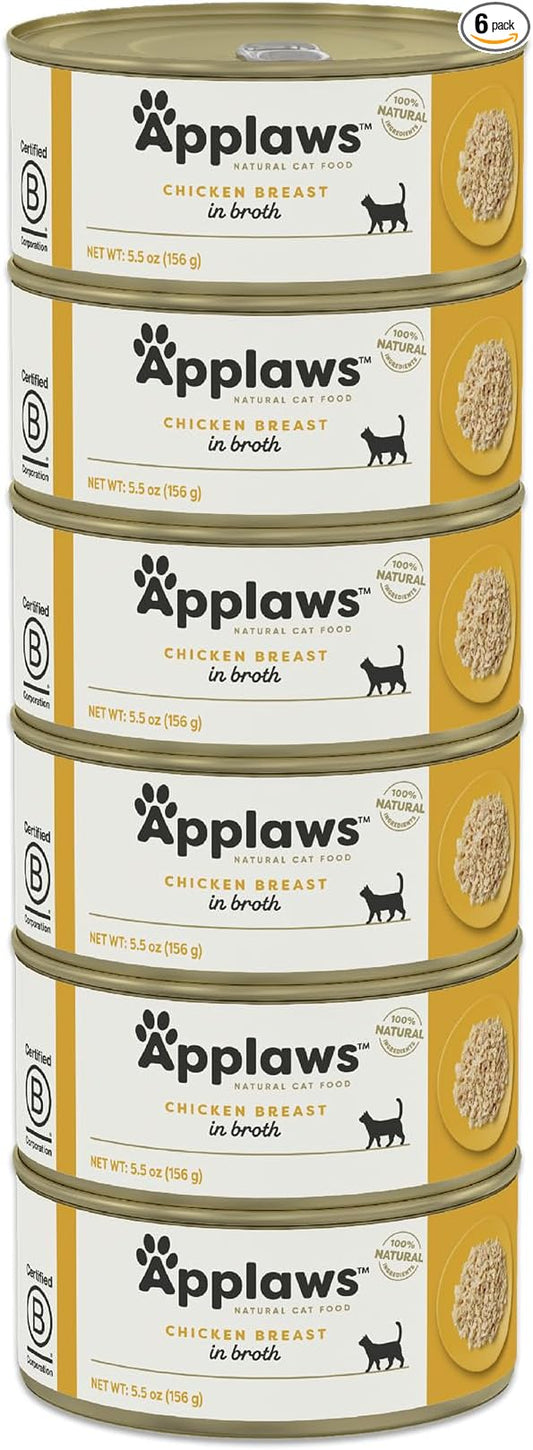 Applaws Natural Wet Cat Food in Broth, Limited and Natural Ingredients, High Protein with No Artificial Additives, Chicken Breast in Broth (6 x 5.5oz Cans)
