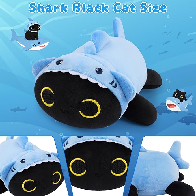 Shark Black Cat Plush,8 Inch Weighted Cat Stuffed Animal,Cute Weighted Black Cats Plush Soft Plushie Pillow Toys Gifts for Kids,Girls Boys