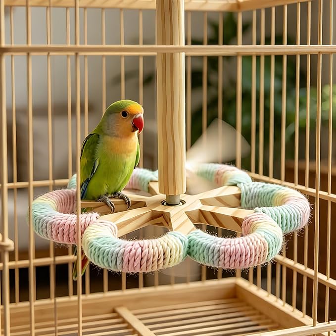 Parakeet Toys & Bird Perch - Rotating Stand with Chew Ball, Bird Cage Accessories for Small & Medium Birds Parakeets Cockatiels Lovebirds Conures Budgies (Rainbow)