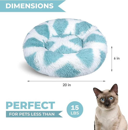 Whiskers & Friends Cat Beds for Indoor Cats, Fluffy Calming Donut Cat Bed, Small Dog Bed Washable - Orthopedic Soft Plush Pet Beds Sized for Kitten to Large Cats & Puppy to Small Dogs - Teal White