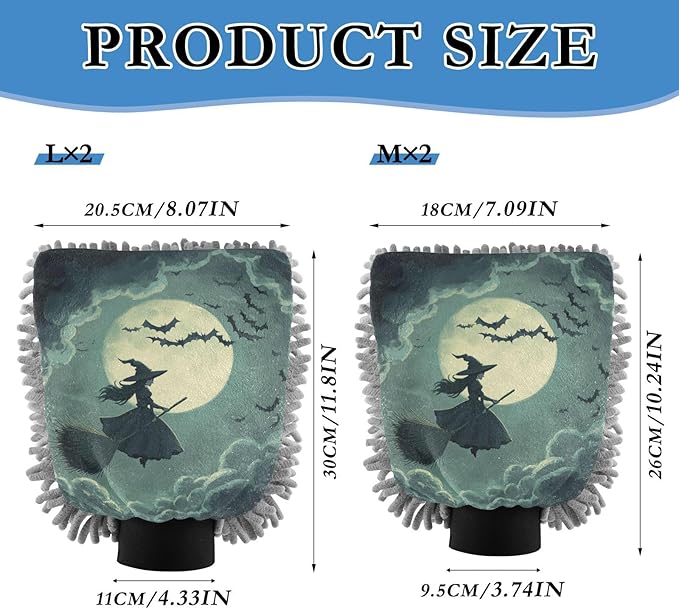 Car Wash Mitt Microfiber Wash Mitts for Car Washing Scratch-Free Cleaning Gloves Soft Non Absorbent Chenille Auto Hand Mitt Medium 2Pack Halloween Witch Bats and Moonlight