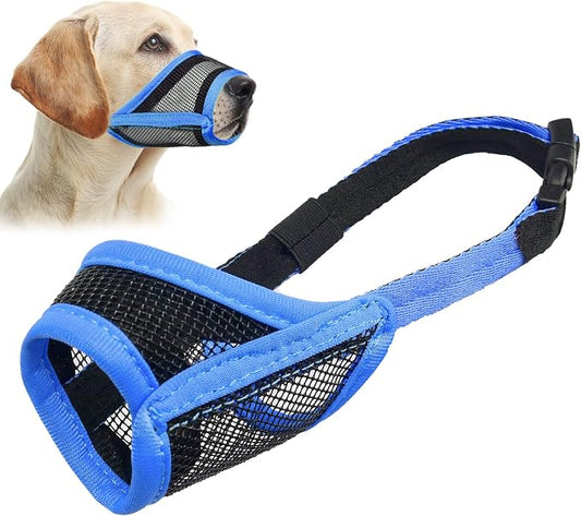 LUCKYPAW Dog Muzzle, Mesh Muzzle for Large Medium Dogs, Soft Mouth Cover to Prevent Biting Chewing, Drinkable Breathable Adjustable Puppy Mouth Guard(L, Blue)