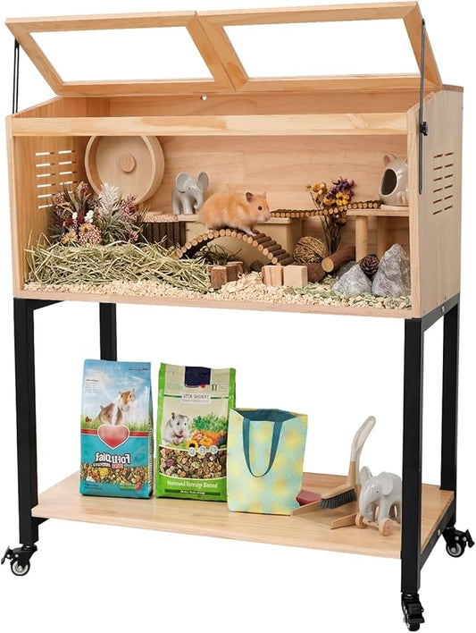 Hamster Cage with Storage, Wooden Hamster Cage, Pine, Guinea Pig Cages, Large Size 31.5"L x 16"W x 38.0"H, 2 Tiers Movable Hamster Cages with Storage Shelf for Guinea Pig, Chinchilla, Rat, Bunny, etc.