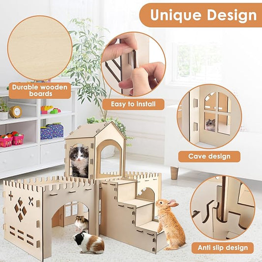 Bissap Wooden Rabbit Hideout Castle, Extra Large Bunny Houses and Hideouts Indoor Outdoor Rabbit Hidey Habitat for Bunnies Chinchillas Hamsters Guinea Pigs Detachable Small Animal Play Hideaway Hut
