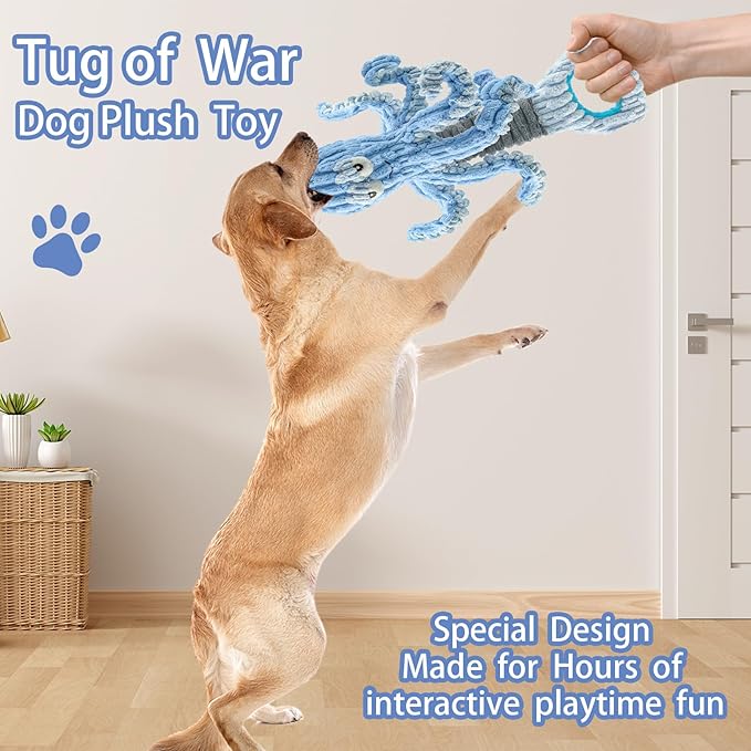 YZHDUXIU Squeaky Dog Toys, Octopus Dog Toy Interactive Tug of War Puppy Toy to Keep Them Busy(Blue)