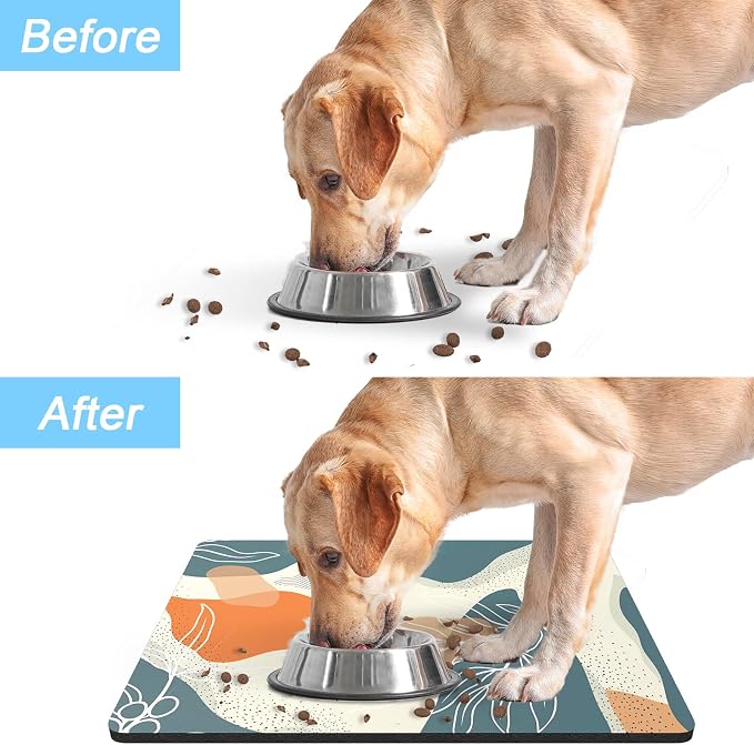 Rnivvi Dog Food Mat, 12" x 19" Boho Absorbent Dog Cat Bowl Mat for Food and Water, 3MM Anti-Slip Rubber Pet Feeding Rug Protect Floors, Puppy Placemat for Feeding & Watering Supplies, Abstract Leaves