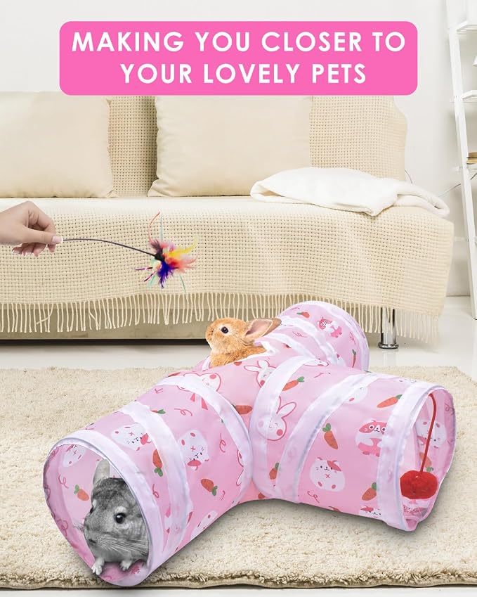 Ferret Guinea Pig Tunnel Collapsible Bunny Tube with 1 Play Ball 3 Ways Pet Rabbit Tunnels Hideout for Indoor Kitten Chinchilla Hamster Rat Small Pet Activity Fun Toys (Pink)