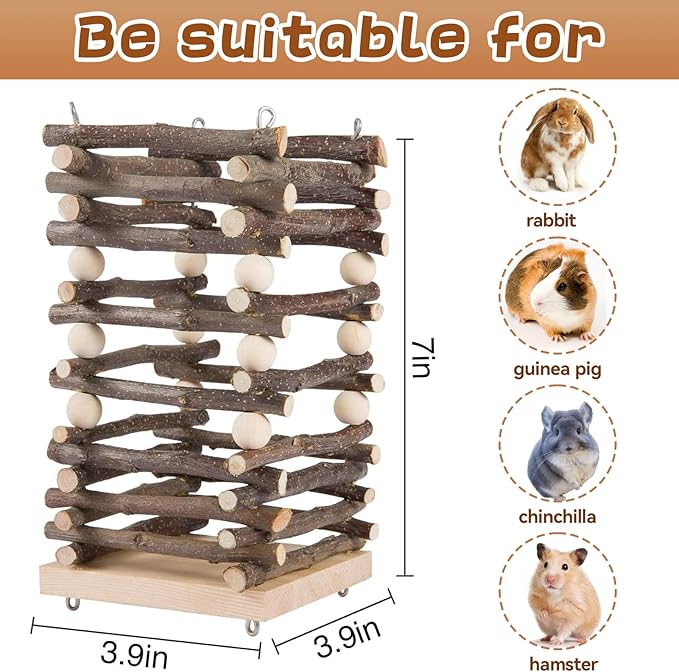 Hanging Apple Wood Rabbit Hay Feeder - Guinea Pig Grass Holder with 2 Hooks Biting Resistant Small Animals Chew Toy, Feeding Hay Manager Shelf for Chinchilla Bunny Hamster Gerbil Holiday Presents
