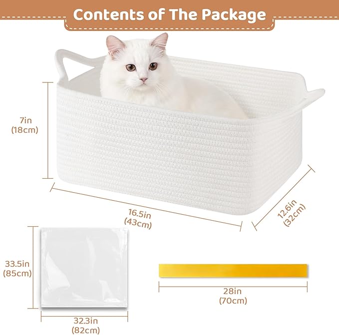 OIASKET Large Empty Gift Baskets for Baby Shower, 16.5" L x 12.6" W x 7" H Cute Woven Storage Basket with Gift Bags and Ribbons, Small Rope Toy Basket with Handles, Cat Dog Pet Toy Organizer - White