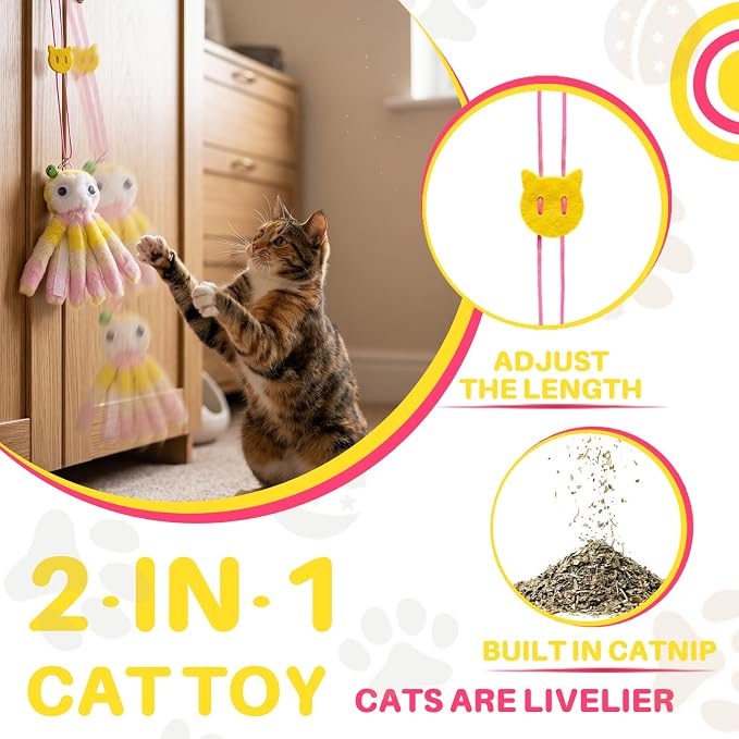 Walfront Octopus Door-Hanging Cat Wand Toy – Interactive Teaser with Swinging Tentacles, Hands-Free Self-Play Toy for Indoor Cats & Boredom Relief
