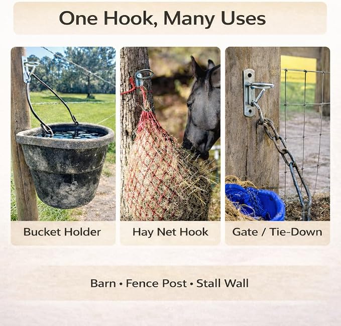 Horse Stall Bucket Hooks, Heavy Duty Metal Ring Bucket Hangers with J-Hook, Wall Mounted Water Feed Bucket Holder for Barn, Stable & Fence, Includes Screws, 2-Pack